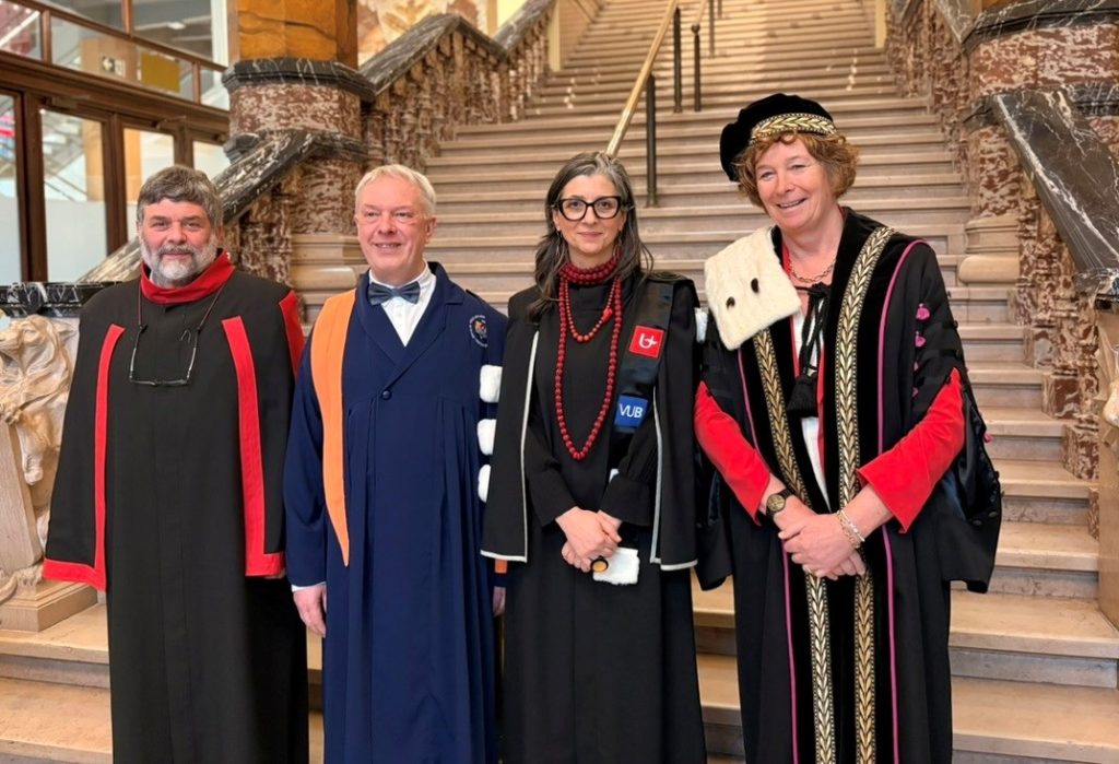 Rector Herwig Leirs (UA), rector Jan Danckaert (VUB), prof. Francesca Albanese, rector Petra De Sutter (UGent)
